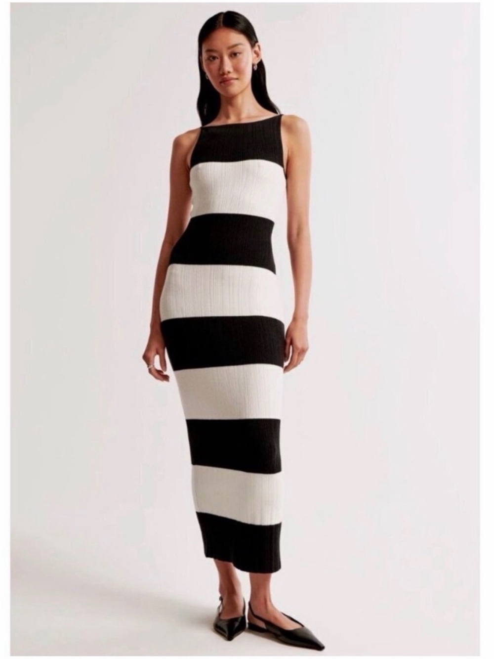 Black and White Striped Ribbed Midi Dress